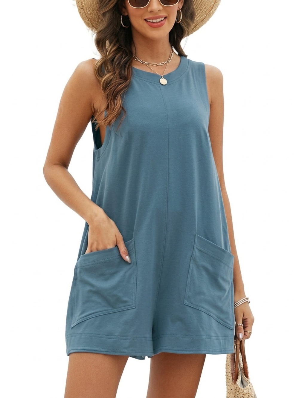 EUC Women's Blue/Grey Sleeveless Wide Leg Romper Size M Minimalist Summer Casual